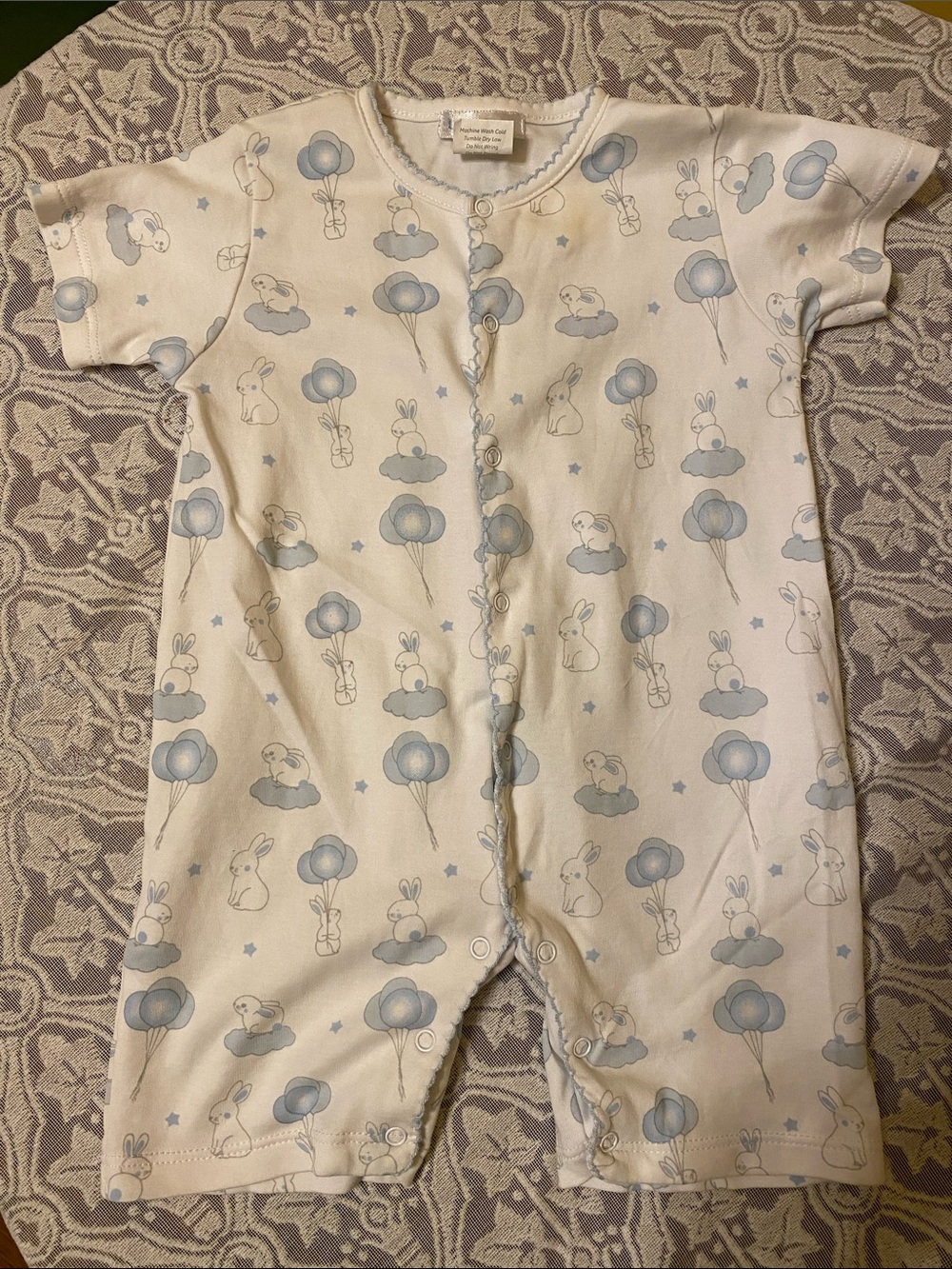 Short Sleeve Baby Footie One-Piece in Pale Blue Bunny Print